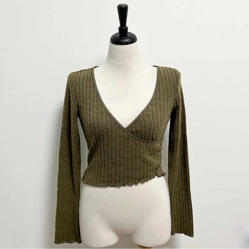 Out From Under Olive Green Lila Ribbed Faux Wrap Brushed V Neck Lounge Top NWT